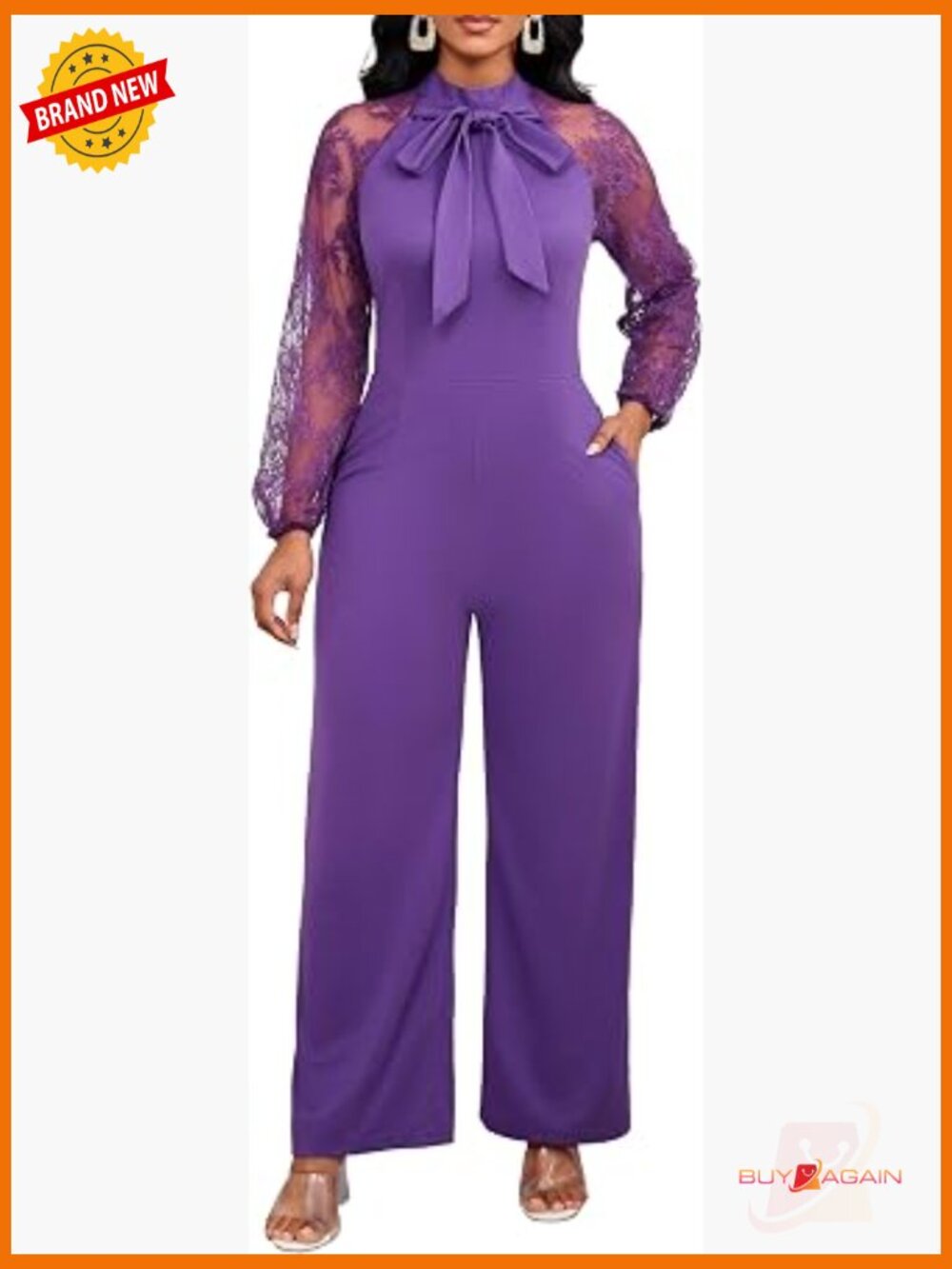 Elegant Long Sleeve Ruffle Jumpsuit with Pockets Crew Neck - Picture 1 of 6